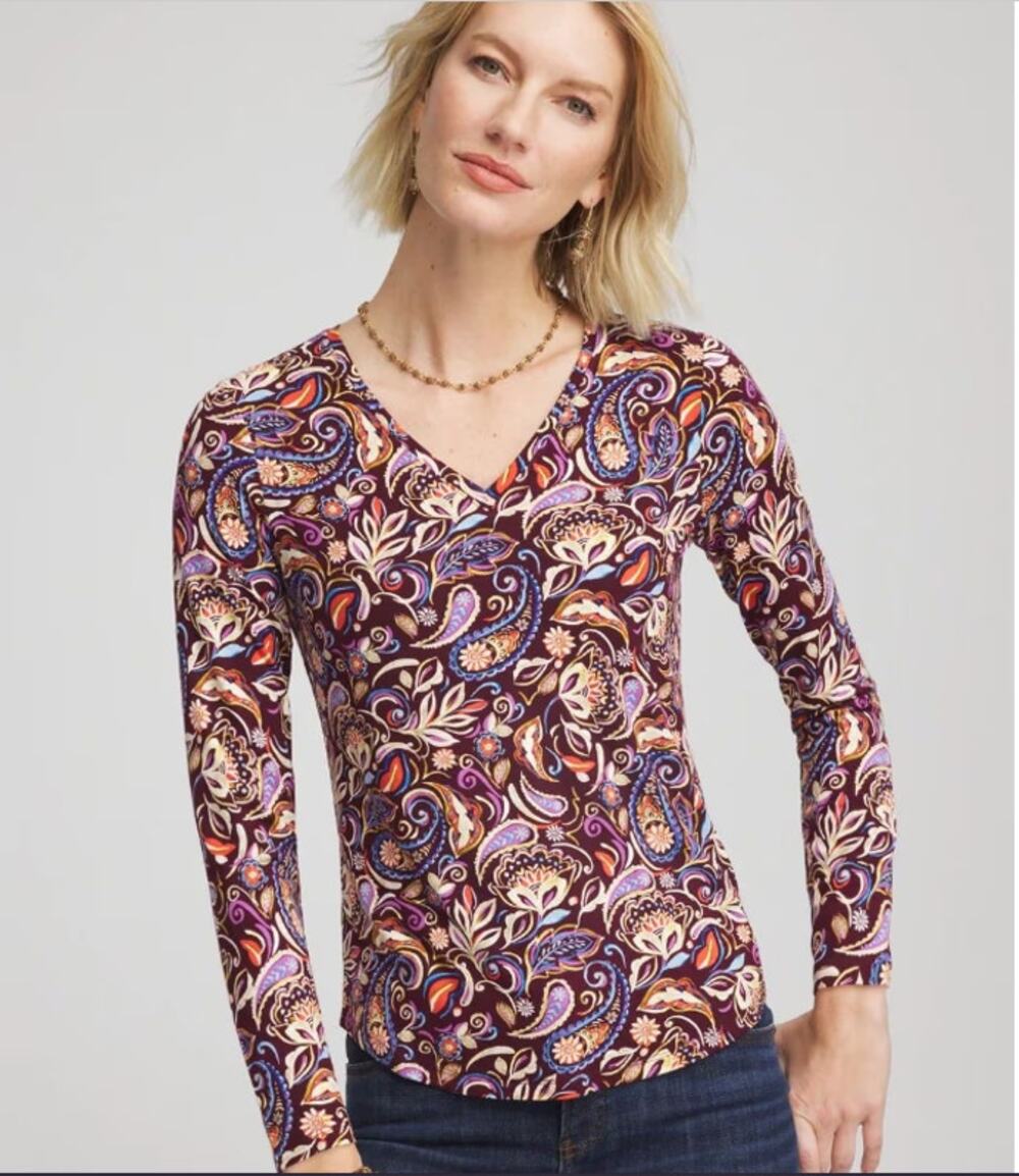 Chico's Size 0 (S) Paisley Touch of Cool V-Neck Multicolor Long Sleeve Boho Top